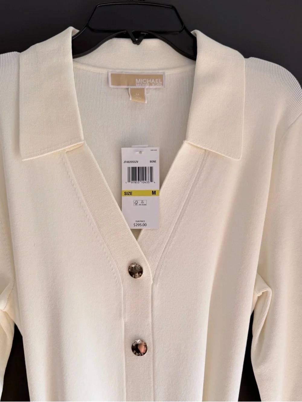 Michael KORS Stretch Signature Viscose Belted Gold Chain Midi Dress Ivory Medium
